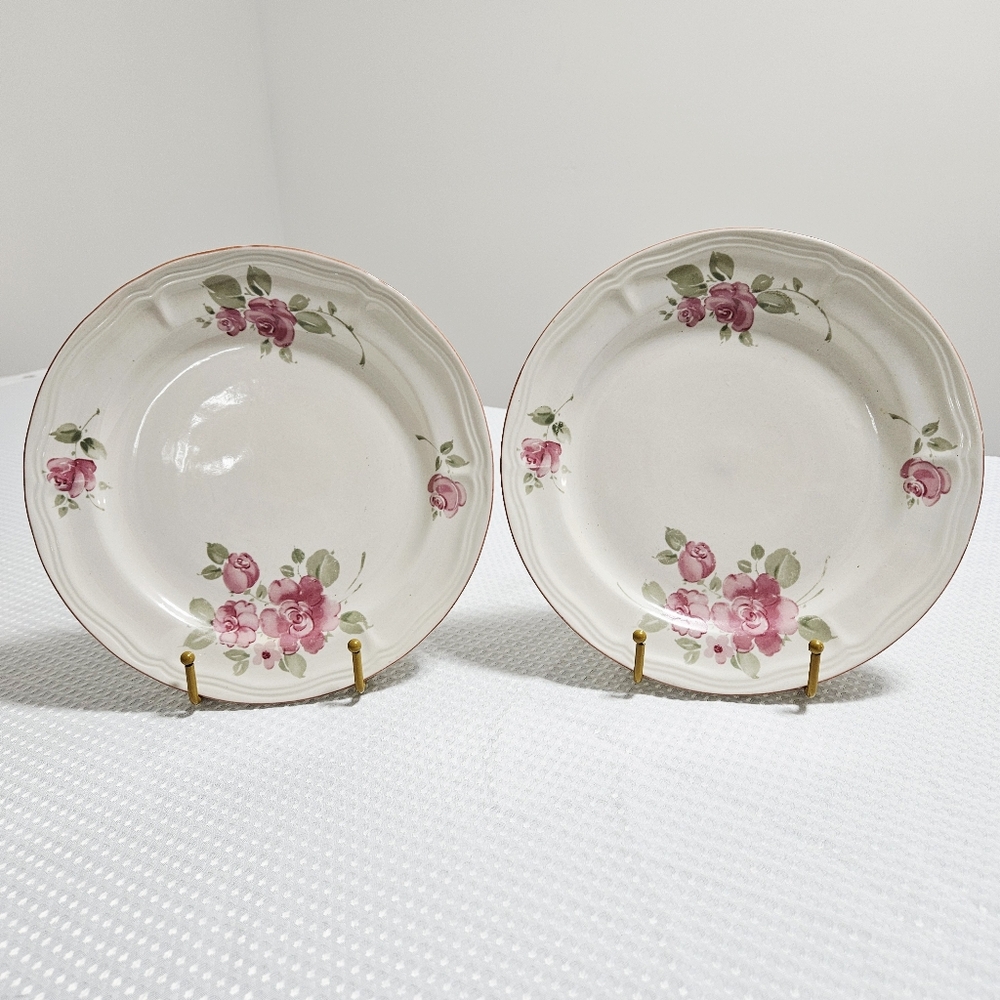 Gibson 2 Roseland Pink‎ Floral Dinner Plates Discontinued Stoneware Y2K 11"